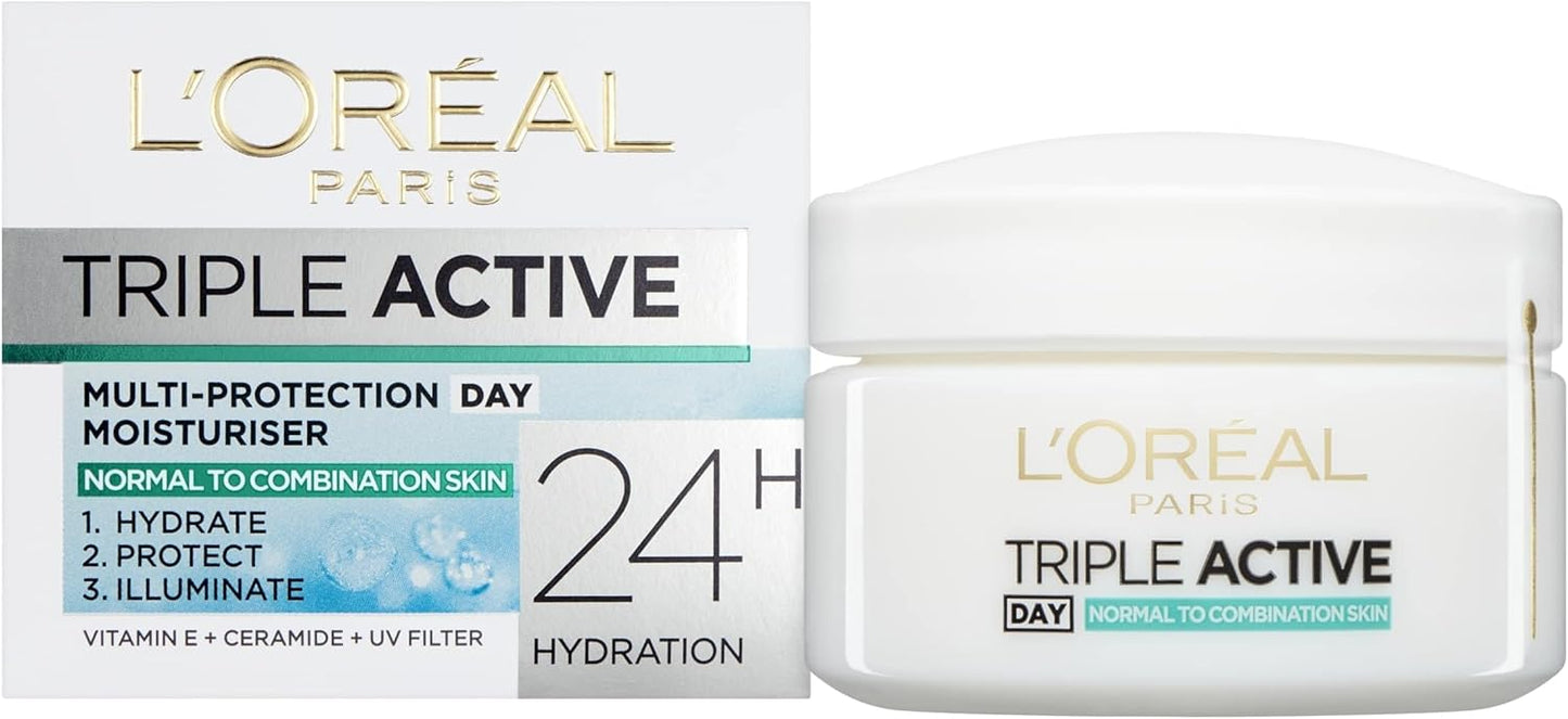 L'Oréal Paris Triple Active Day 24H Hydrating Moisturiser. Hydrate and Protect Normal & Combination Skin, Comforts skins, Formulated with Vitamin E & Ceramides 50ml